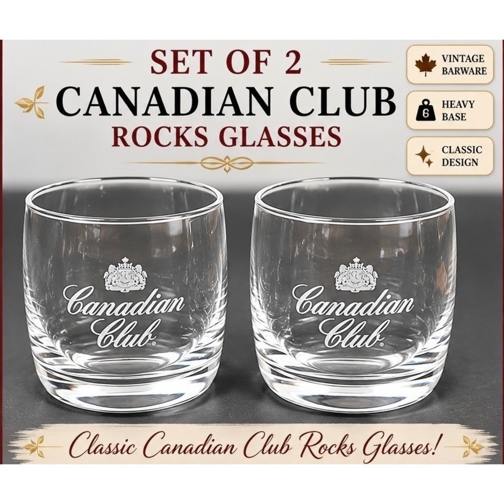 Canadian Club Whiskey Rocks Glasses Set of 2 Etched Logo Weighted Base Clear 3in